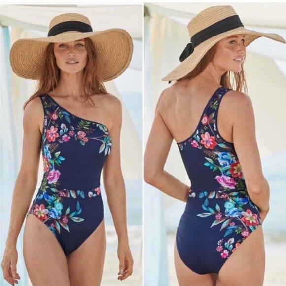 Johnny Was One Shoulder Bloom One Piece Swim Suit Womens Small Blue - Picture 1 of 9
